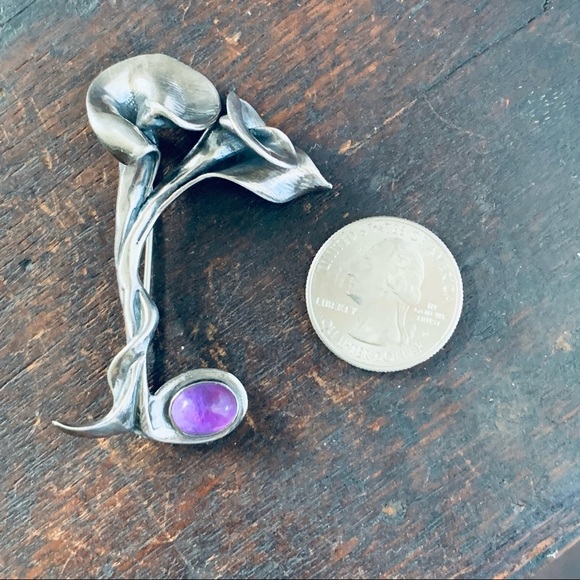 Vintage Sterling Silver Amethyst Calla Lily Floral Pin Brooch - Picture 13 of 13